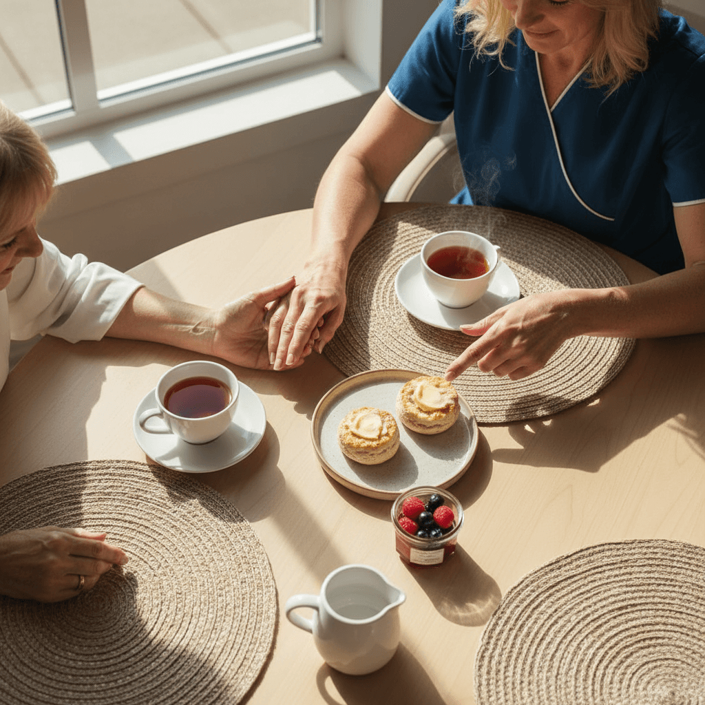Caregiver and resident sharing a meal together