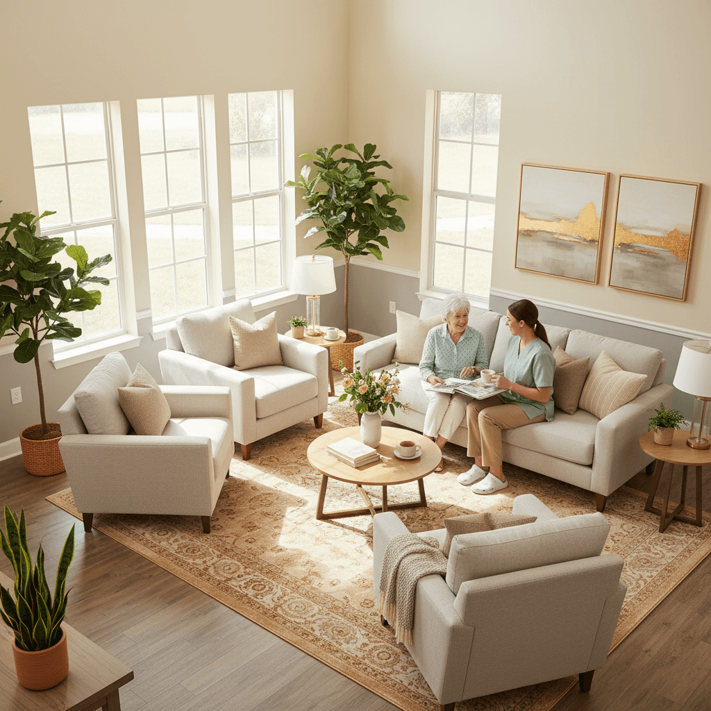 Resident and caregiver in the living area at Alice Avenue Home