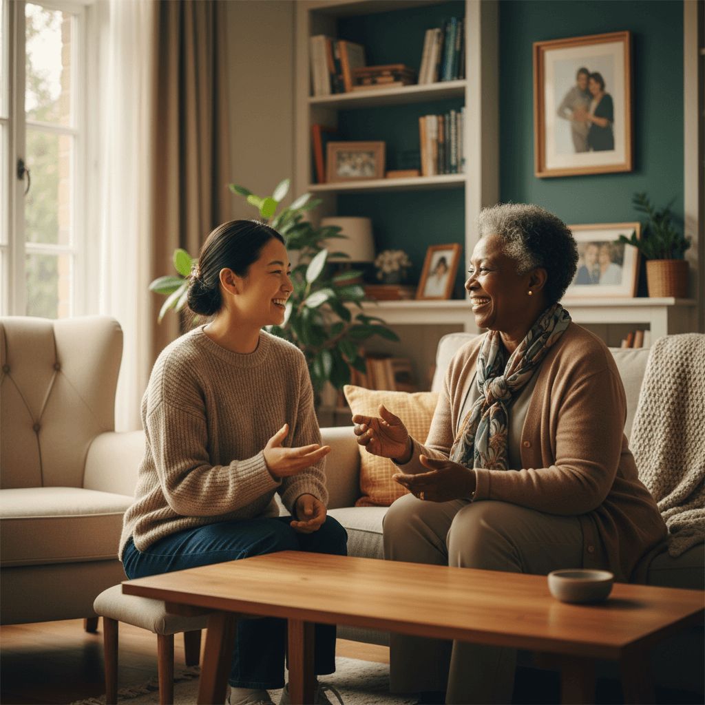 Caregiver connecting with resident