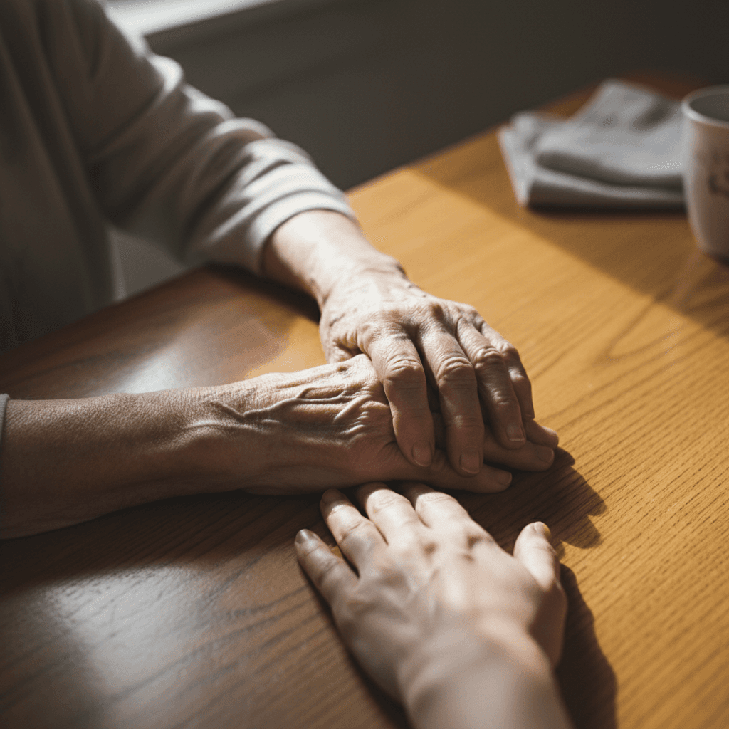 Caregiver and adult in supportive moment