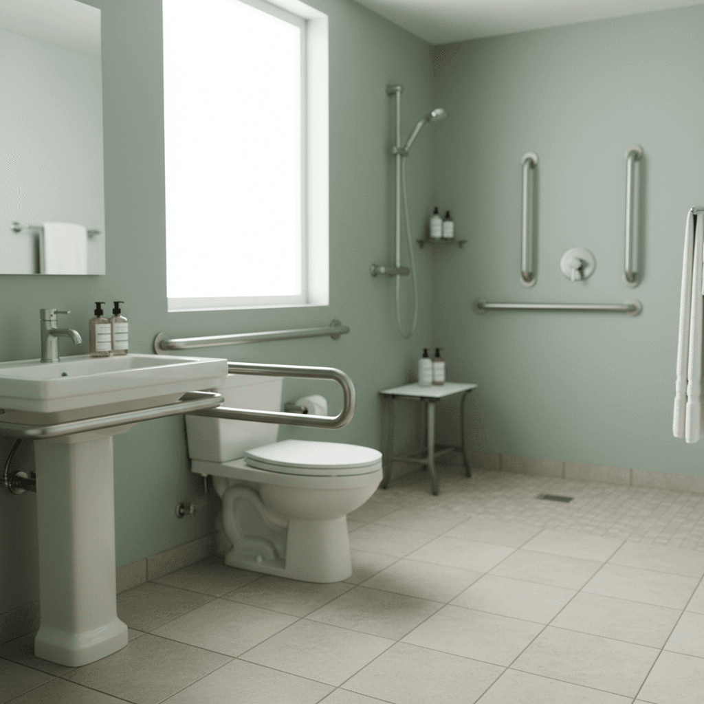 Accessible bathroom with safety features and modern amenities